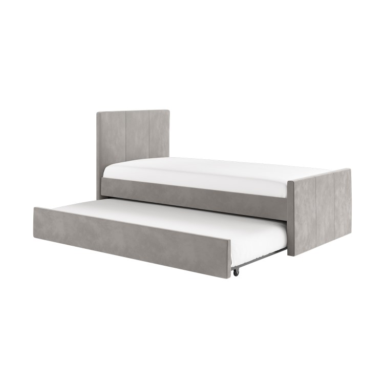 Single Guest Bed with Trundle and 2 Mattresses in Grey Velvet - Layla