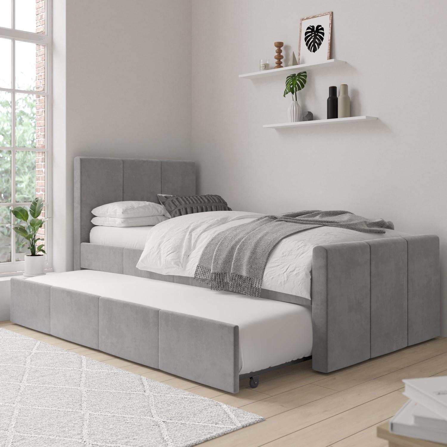 Photo of Single guest bed with trundle in grey velvet - layla