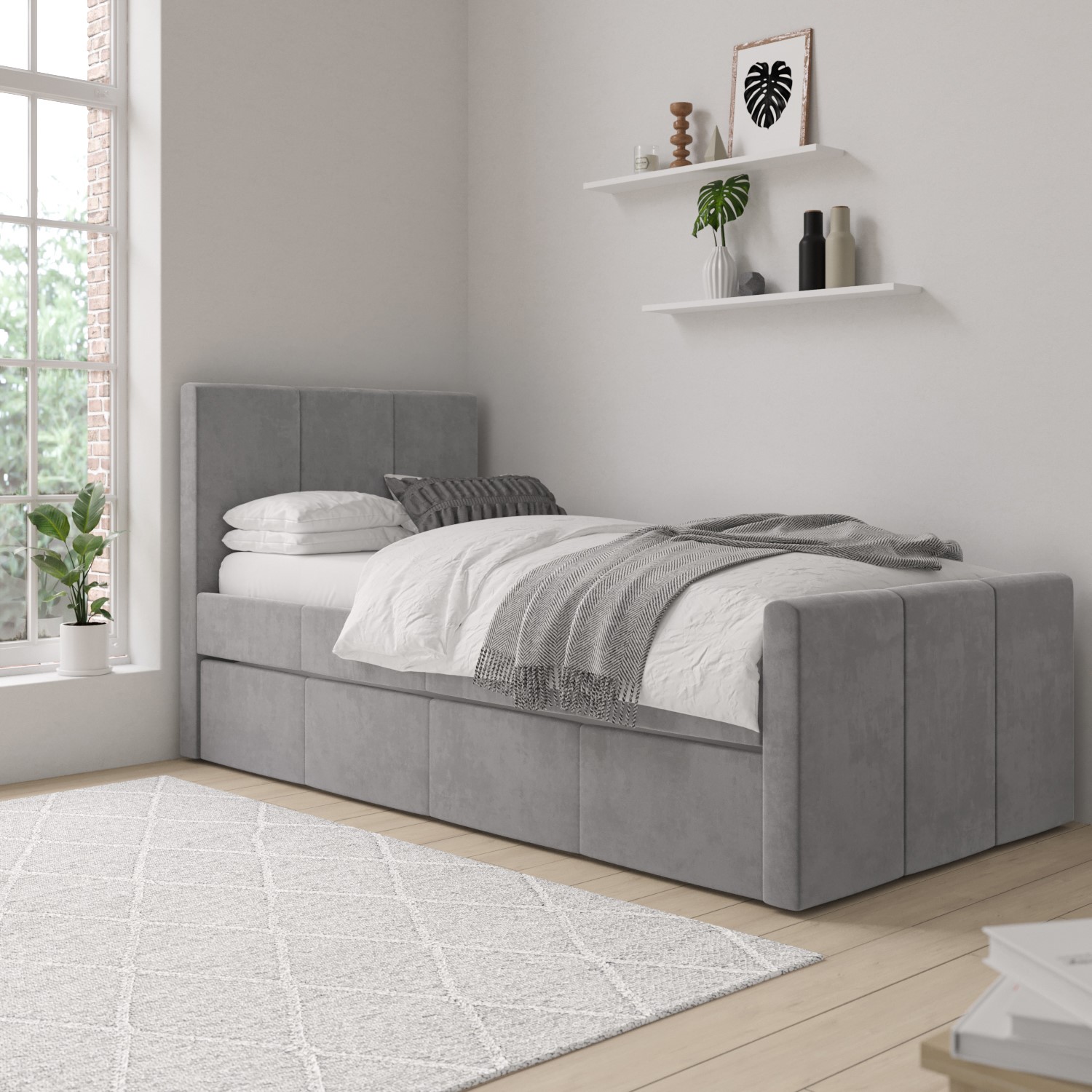 Single Guest Bed with Trundle in Grey Velvet - Layla - Furniture123