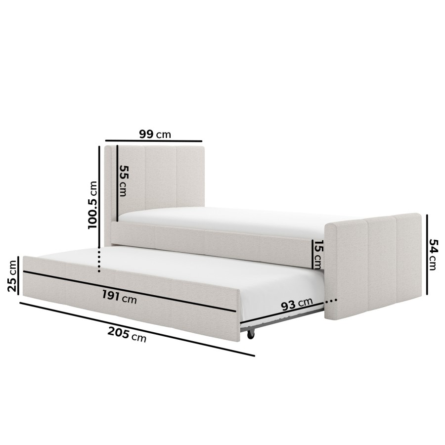 Single Guest Bed with Trundle and 2 Mattresses in Cream Fabric - Layla