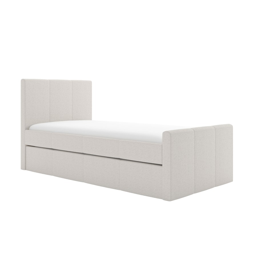 Single Guest Bed with Trundle and 2 Mattresses in Cream Fabric - Layla