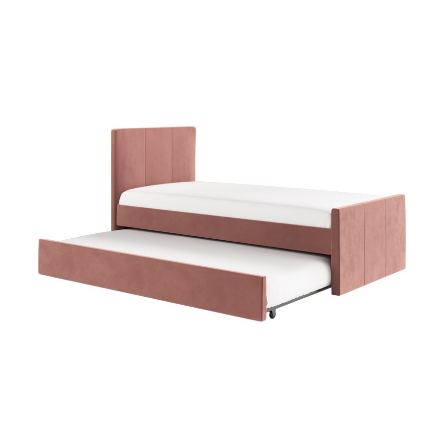 Single Guest Bed with Trundle and 2 Mattresses in Pink Velvet - Layla