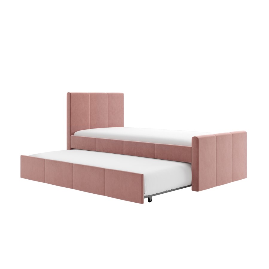 Single Guest Bed with Trundle and 2 Mattresses in Pink Velvet - Layla