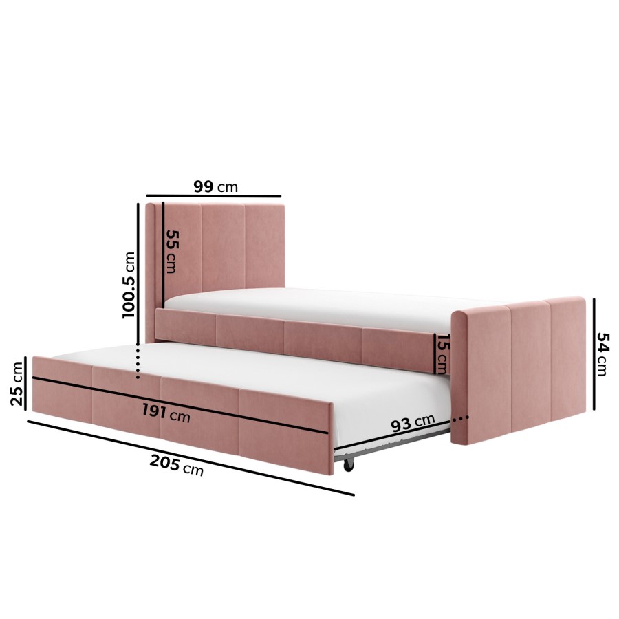 Single Guest Bed with Trundle and 2 Mattresses in Pink Velvet - Layla