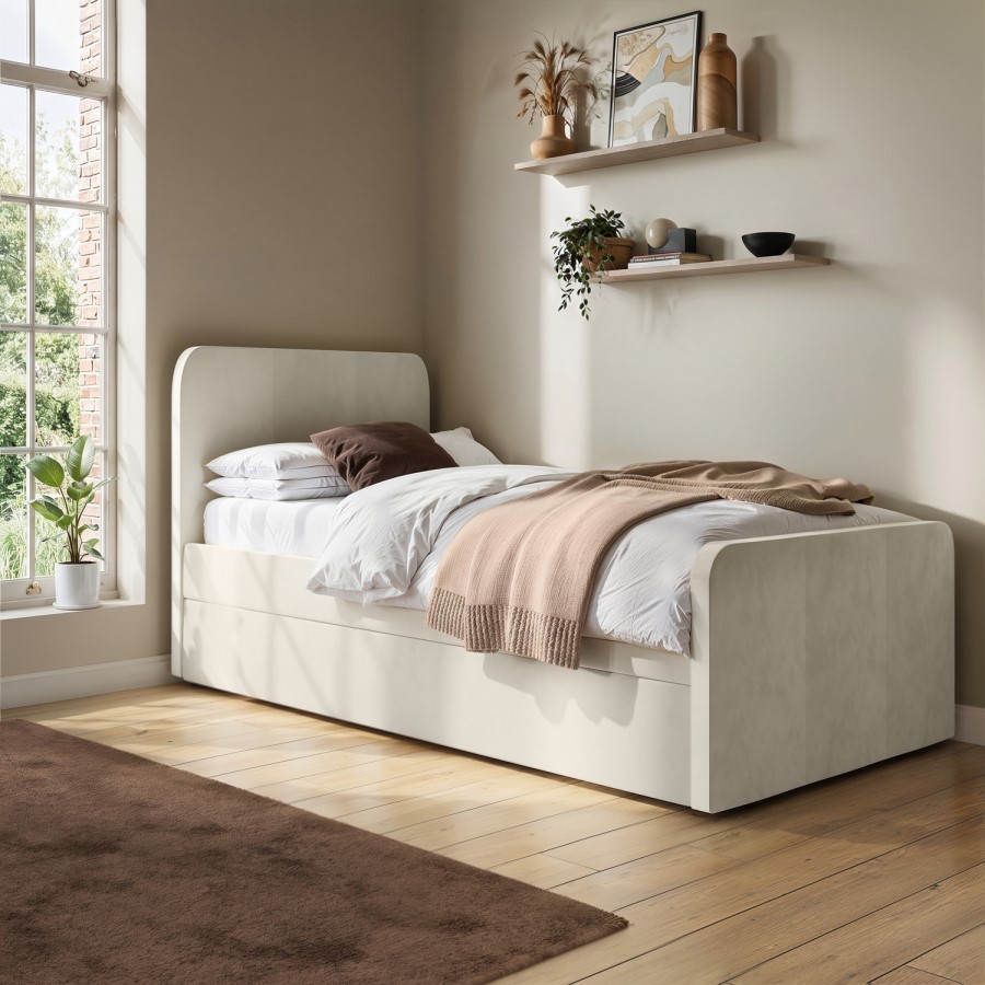 Single Guest Bed with Trundle in Cream Velvet - Layla