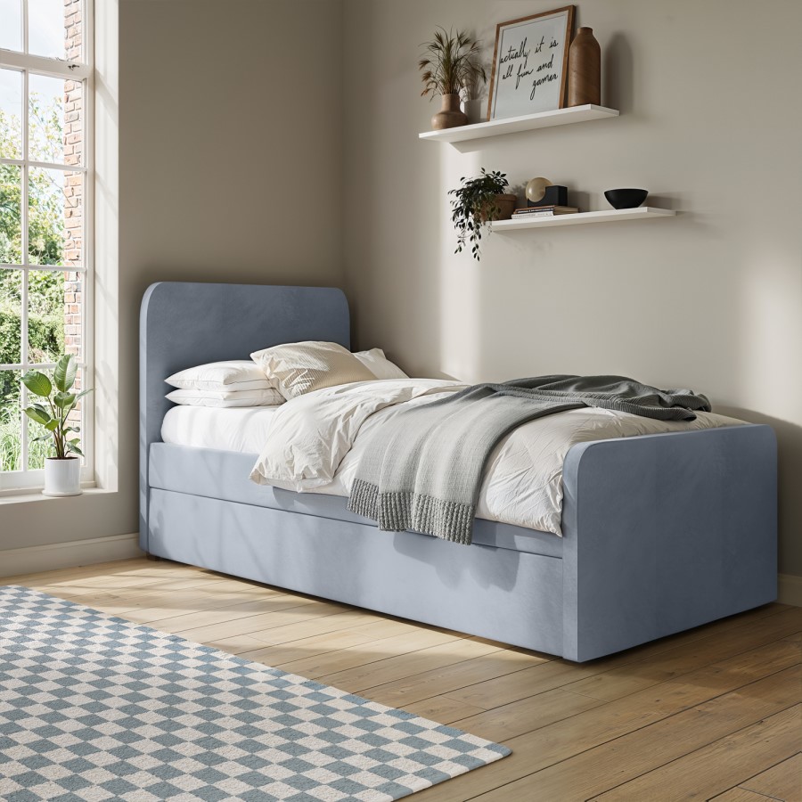 Single Guest Bed with Trundle in Airforce Blue Velvet - Layla
