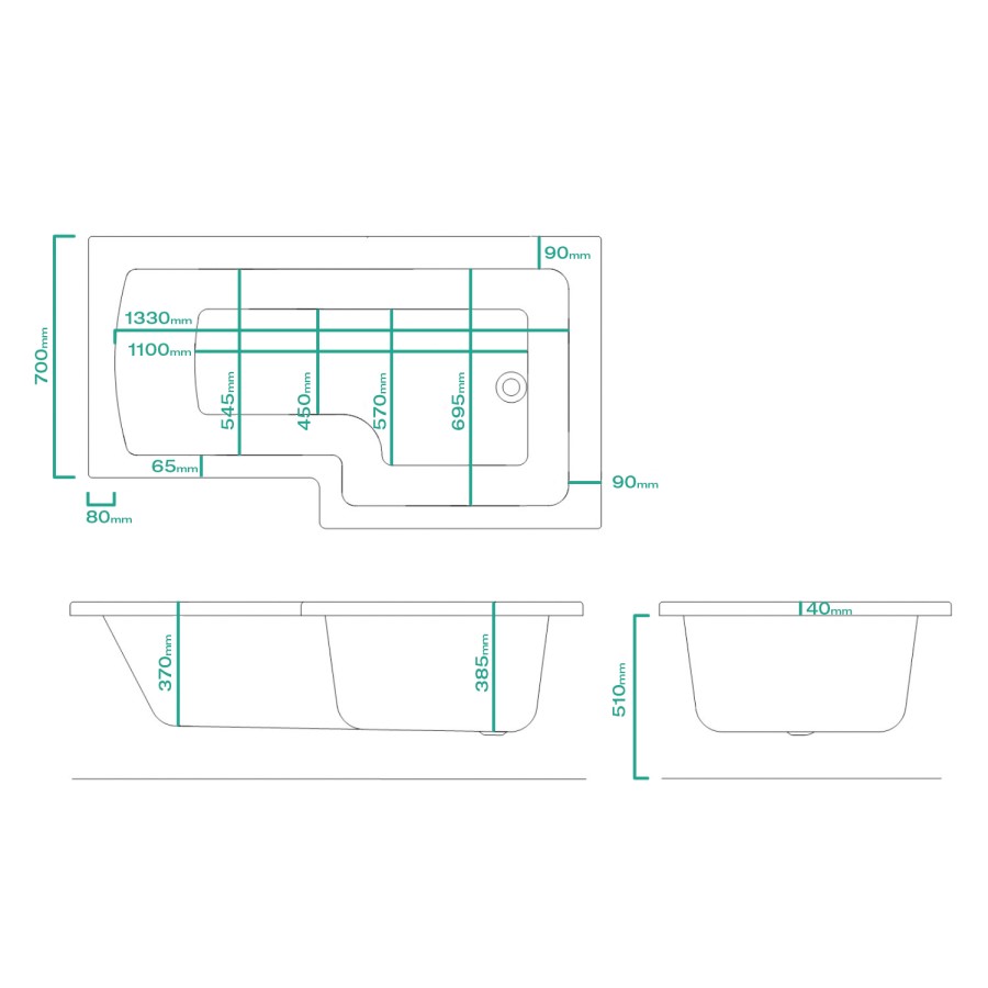 Lomax Left Hand L Shaped Shower Bath - 1500 x 850 x 700mm