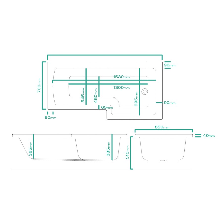 Lomax Right Hand L Shaped Shower Bath - 1700 x 850 x 700mm