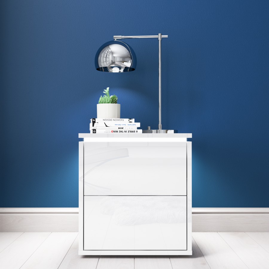 Lucia White High Gloss Bedside Table with LED Light 