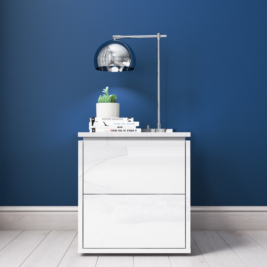 Lucia White High Gloss Bedside Table with LED Light 