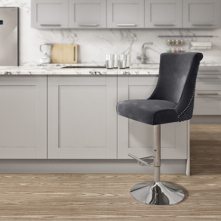 Grey Velvet Adjustable Bar Stool - Lucille