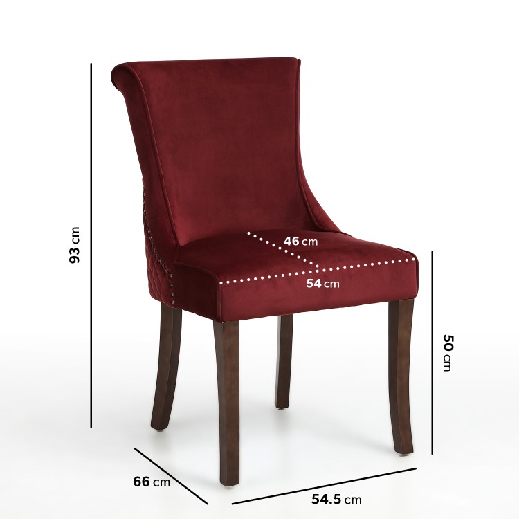 Set of 2 Red Velvet Dining Chairs with Walnut Legs and Quilted Back - Lucille