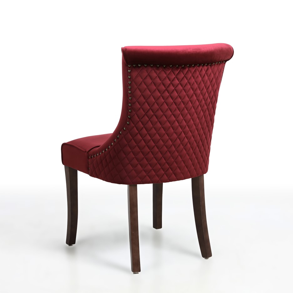 Pair of Wine Velvet Dining Chairs with Walnut Legs and Quilted Back