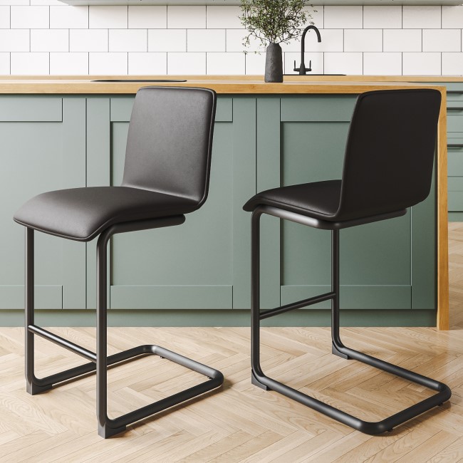 ONLY OPENED - Black Faux Leather Cantilever Kitchen Stool with Back - 66cm - Lucas