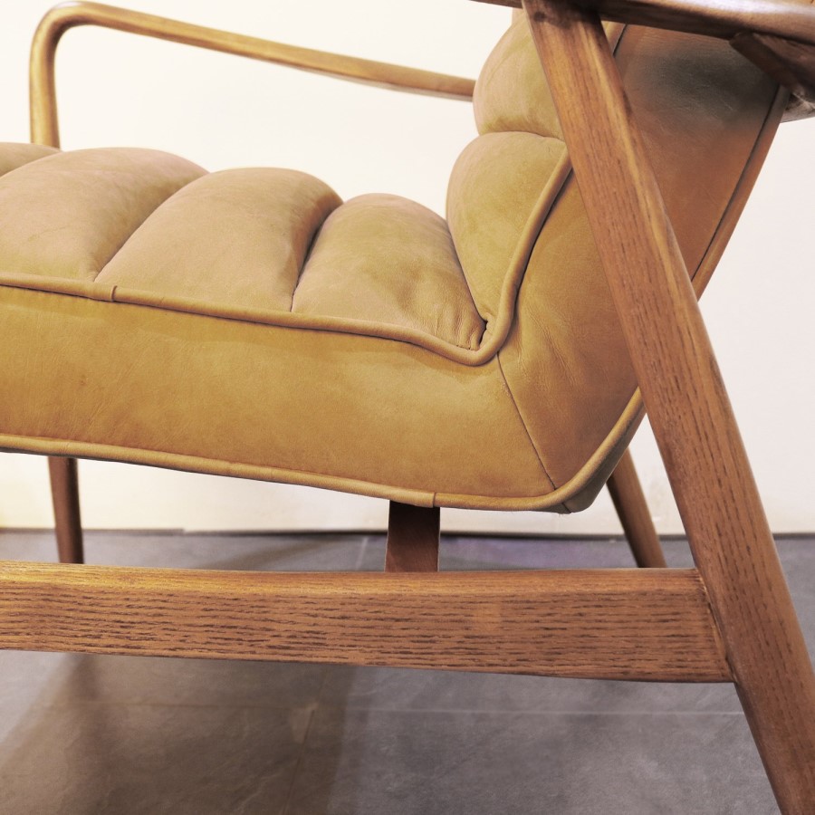 Shoreditch Mid Century Style Real Leather Armchair in Mustard Yellow