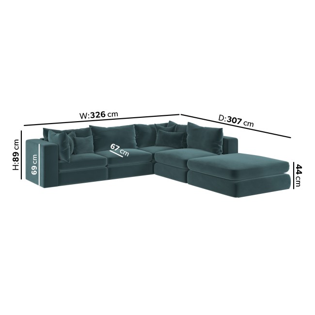 Blue Velvet Feather Filled Right Hand 4 Seater Corner Sofa - Lena