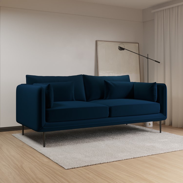 Navy Velvet 3 Seater Sofa with Square Arms- Lenny