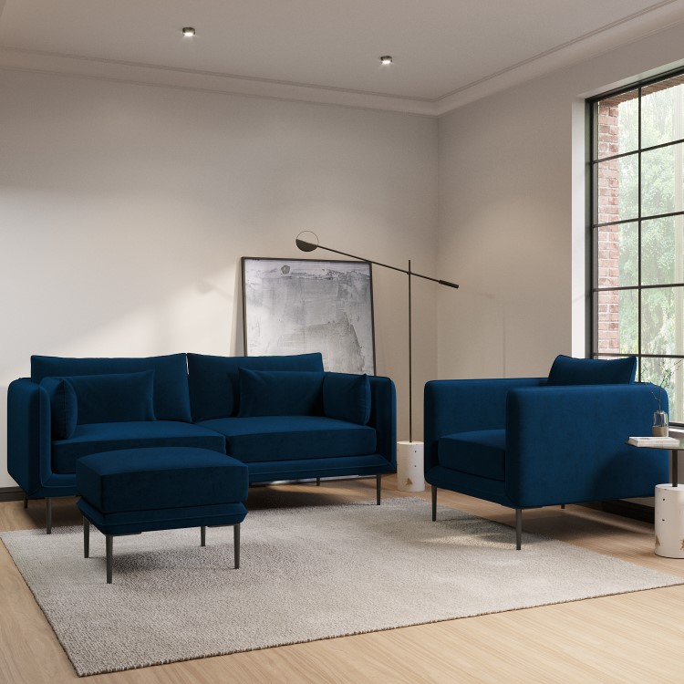 Navy Velvet 3 Seater Sofa with Square Arms- Lenny