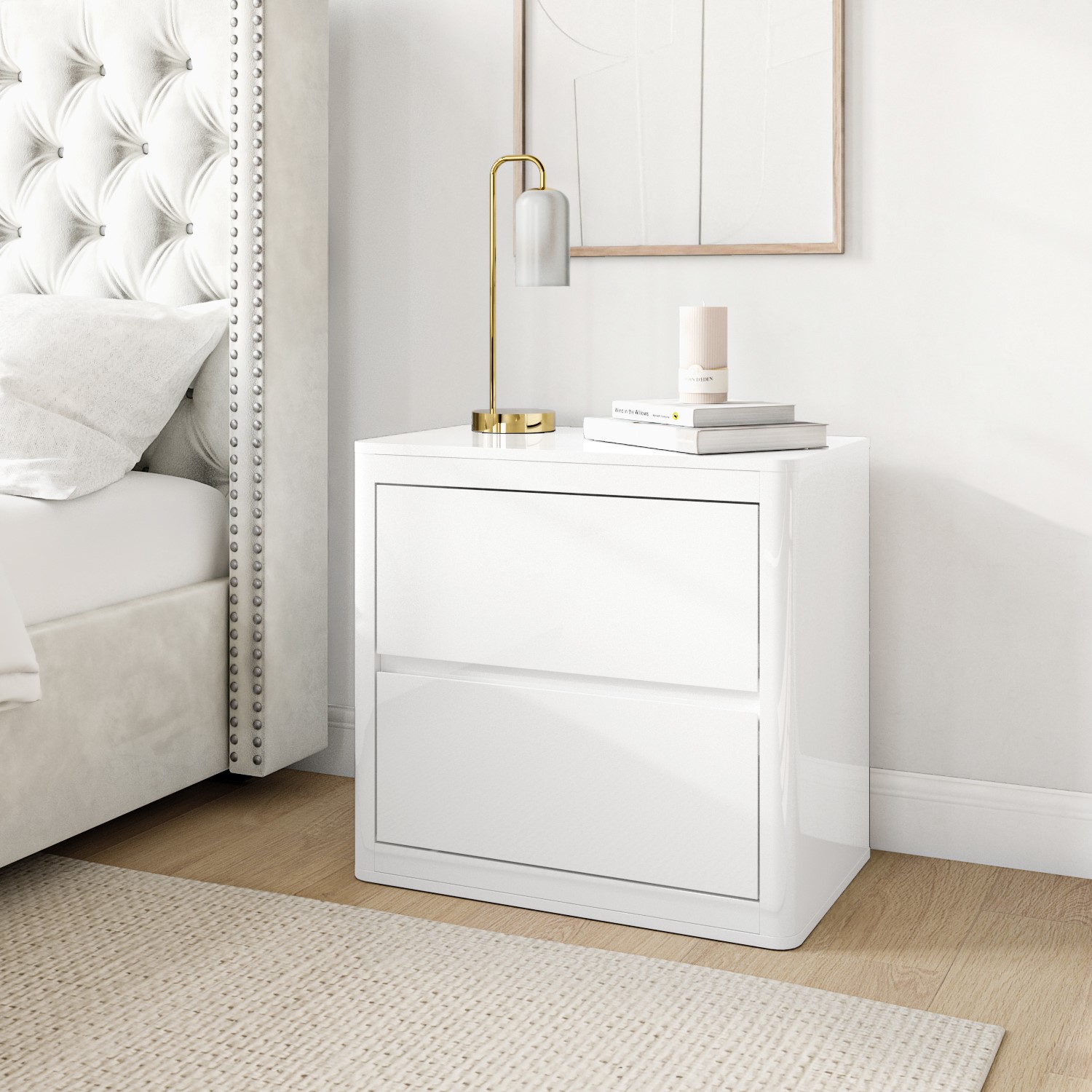 Modern White High Gloss Bedside Table with 2 Drawers and Curved Edges -  Lexi - Furniture123