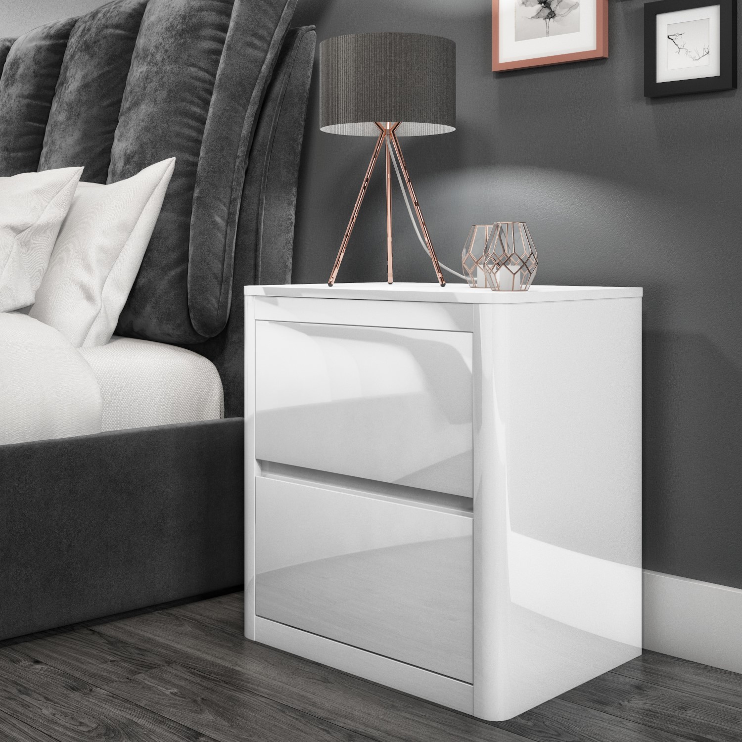 Lexi White High Gloss 2 Drawer Bedside Table Furniture123