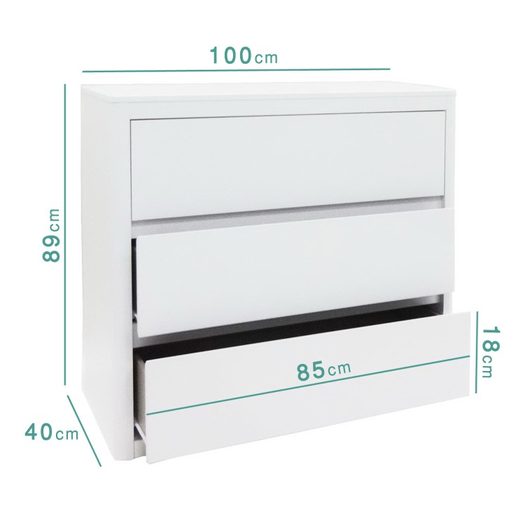 White High Gloss Chest of 3 Drawers with Curved Edges - Lexi