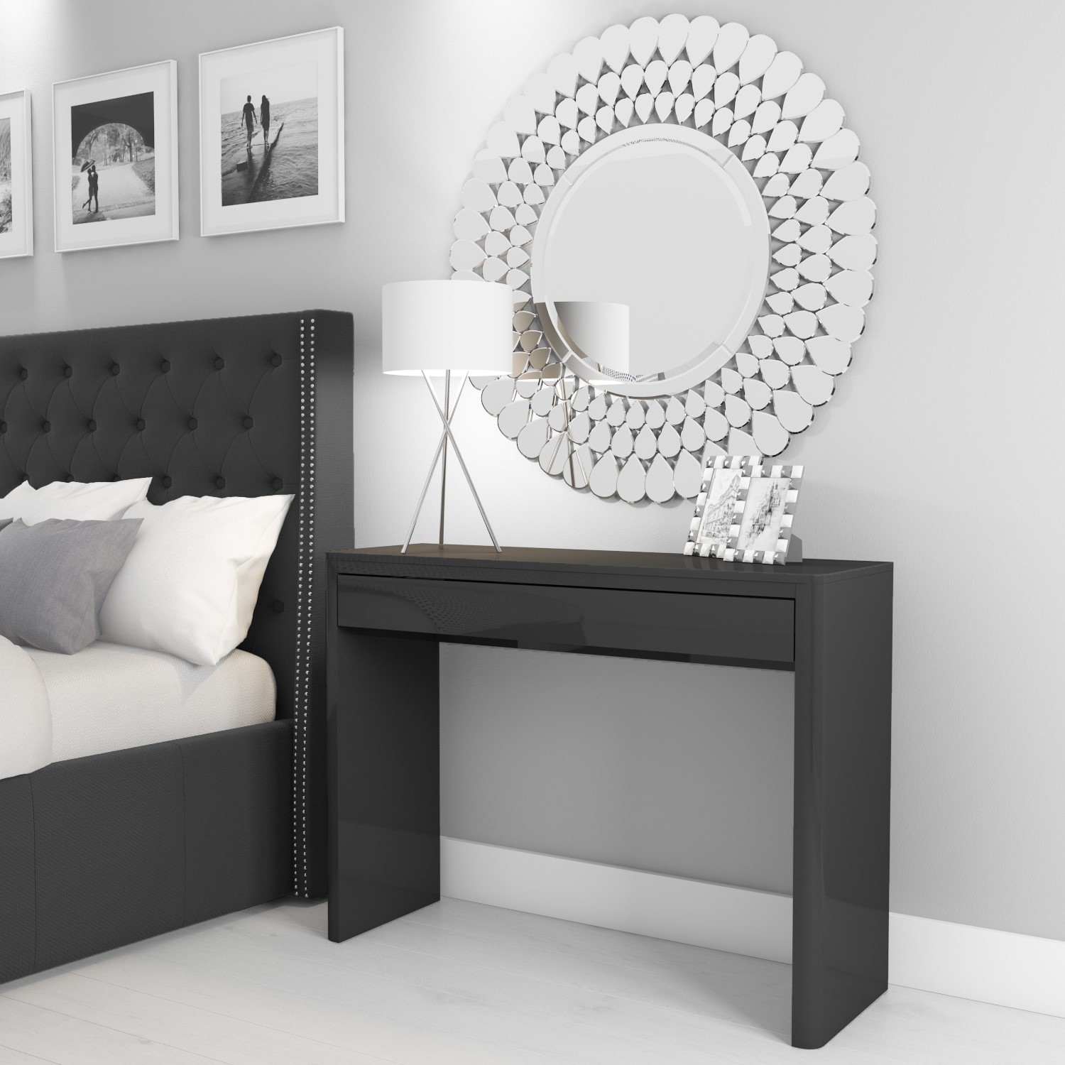 grey high gloss dressing table UNIQUE FURNISHINGS LTD Double Sided Dressing Table Set High Gloss Grey with 6 Drawers, Mirror & Stool Modern Vanity Makeup Table for Bedroom :