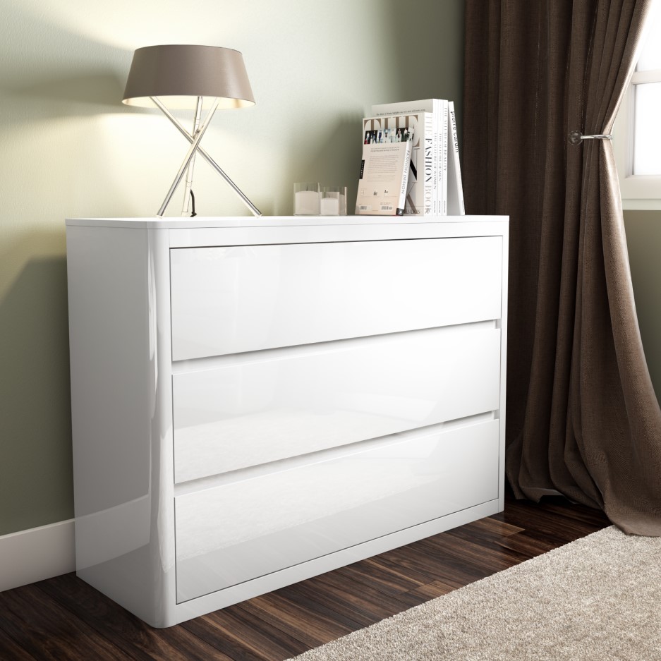 GRADE A1 - Lexi White High Gloss Wide 3 Drawer Chest | Furniture123