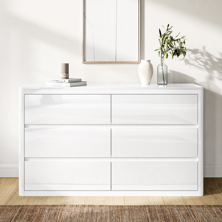 Wide White High Gloss Chest of 6 Drawers with Curved Edges - Lexi