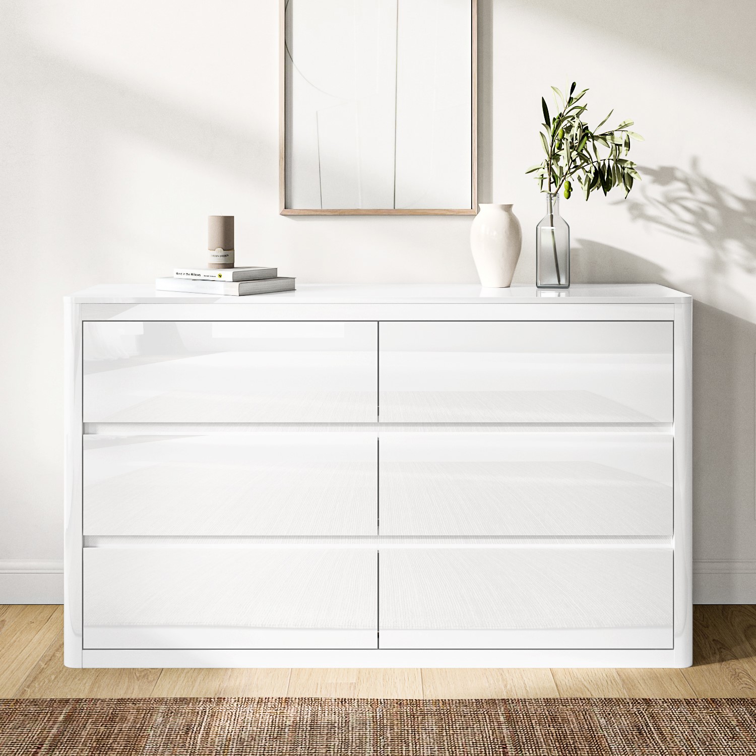 Lexi White High Gloss Wide 6 Drawer Chest Of Drawers Furniture123