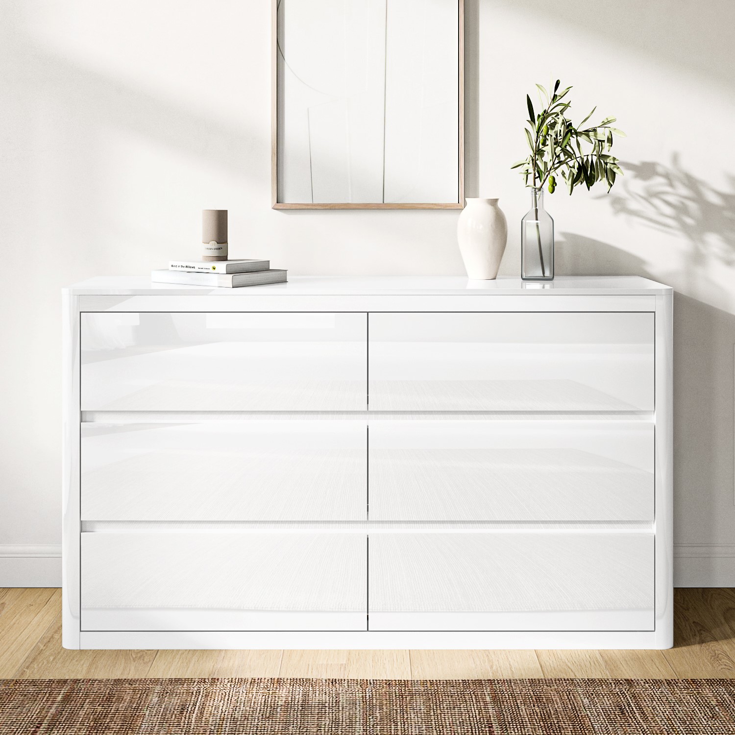 Photo of Wide white high gloss chest of 6 drawers with curved edges - lexi
