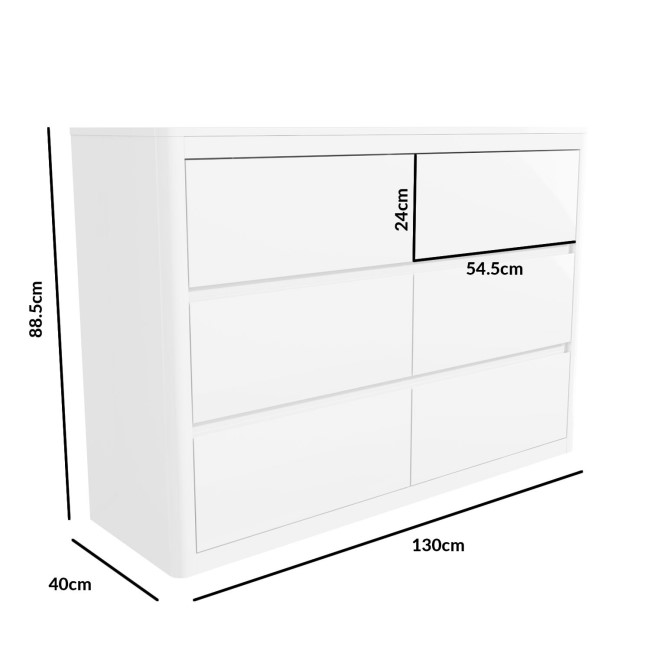 Wide White High Gloss Chest of 6 Drawers with Curved Edges - Lexi