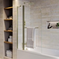 Brushed Brass 1450mm x 975mm Hinged Shower Bath Screen with Fixed Panel and Towel Rail - Libra