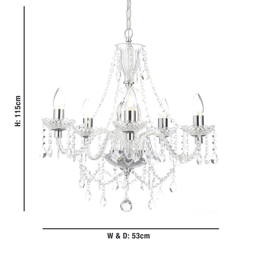 GRADE A1 - Bryony 5 Light Silver Crystal Chandelier Light with Candle Style Features & Glass Droplets