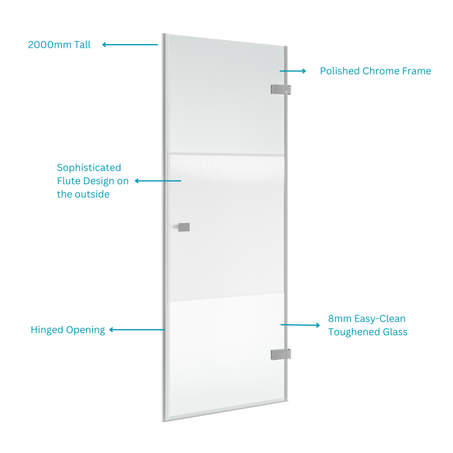 900mm Fluted Glass Right Hand Hinged Shower Door 8mm Glass - Matira