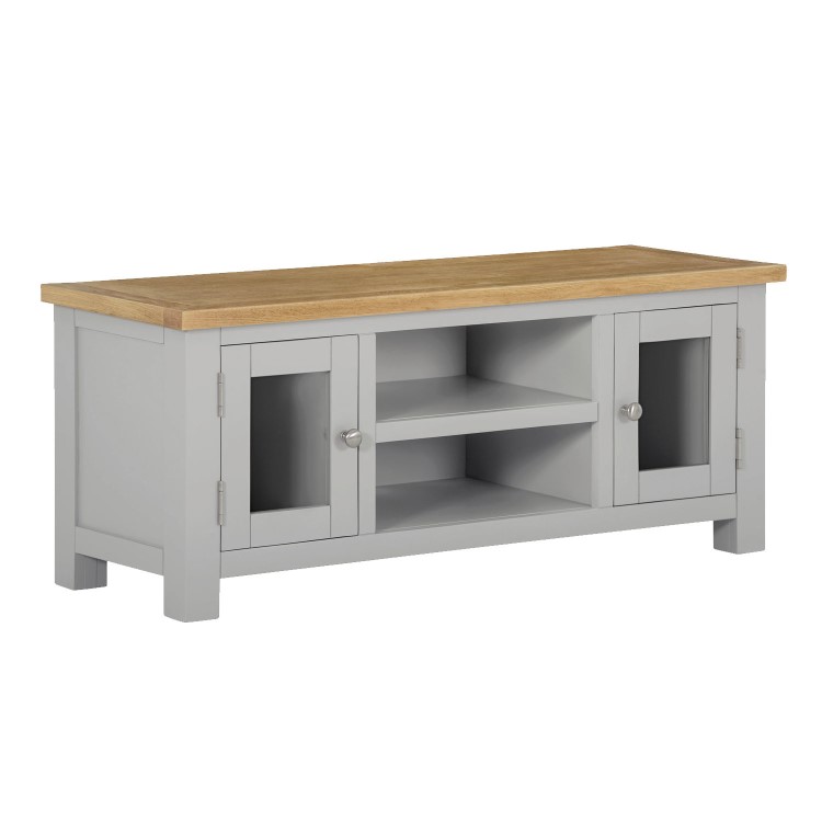 Linden Large Grey TV Unit with Two Tone Oak Top & Storage - TV's up to 45"