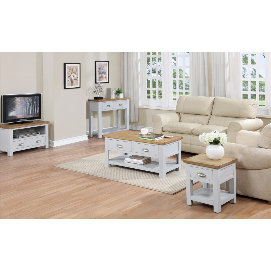 GRADE A2 - Linden Large Grey Farmhouse TV Unit Stand with Storage Cupboards & Light Oak Top