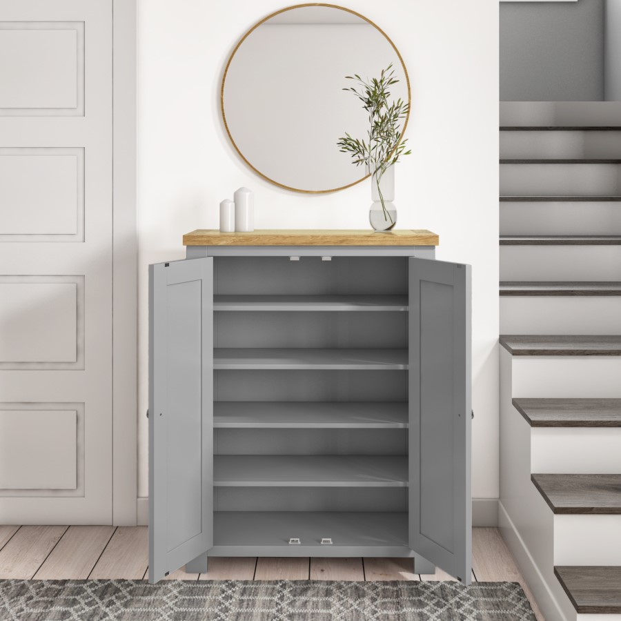 Grey Shoe Cabinet with Oak Top - Linden
