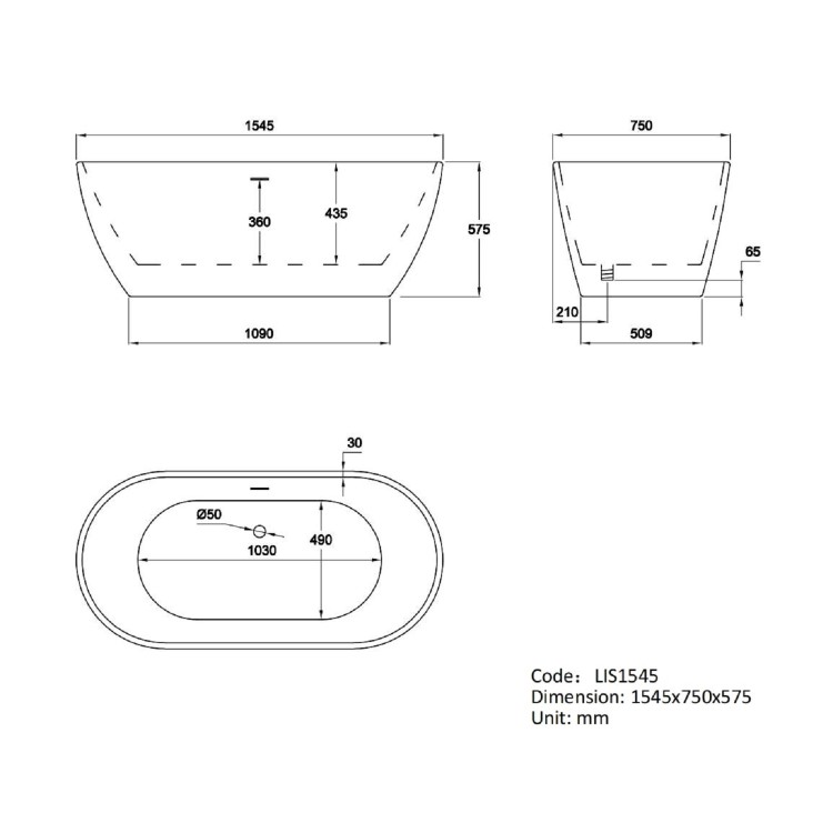 Freestanding Double Ended Bath 1545 x 750mm - Lisbon