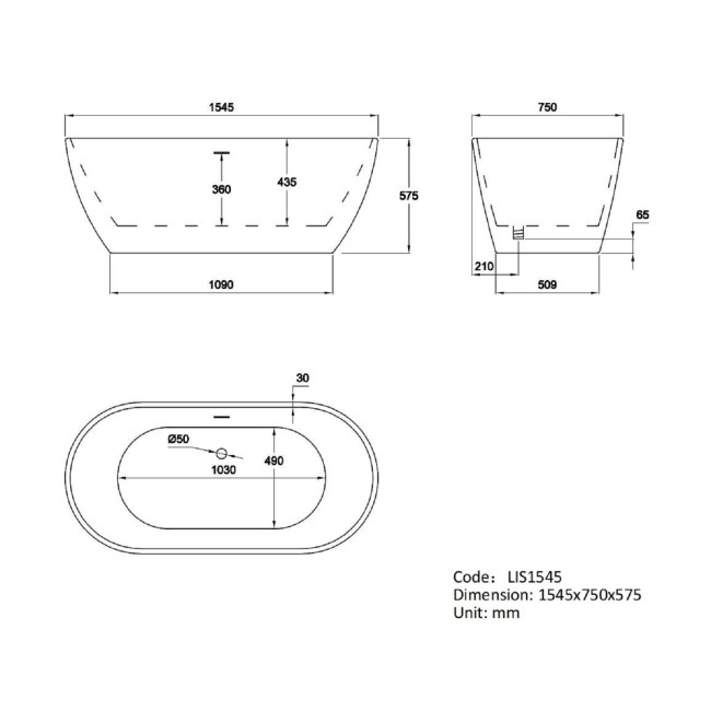 Freestanding Double Ended Bath 1545 x 750mm - Lisbon