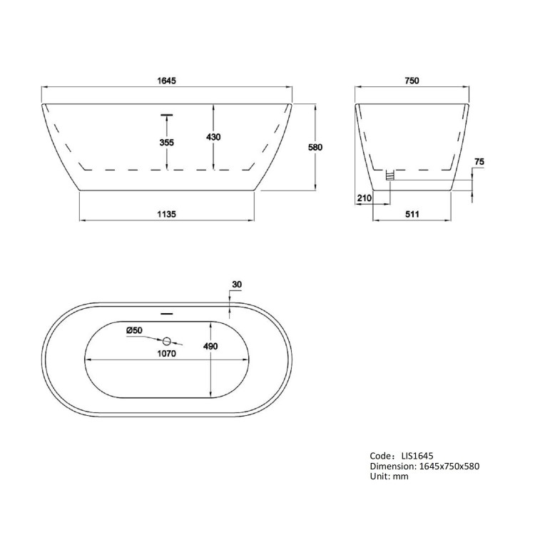 Freestanding Double Ended Bath 1645 x 750mm - Lisbon