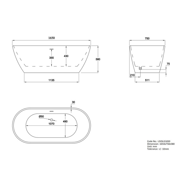 Dark Green Freestanding Double Ended Bath 1650 x 750mm - Lisbon