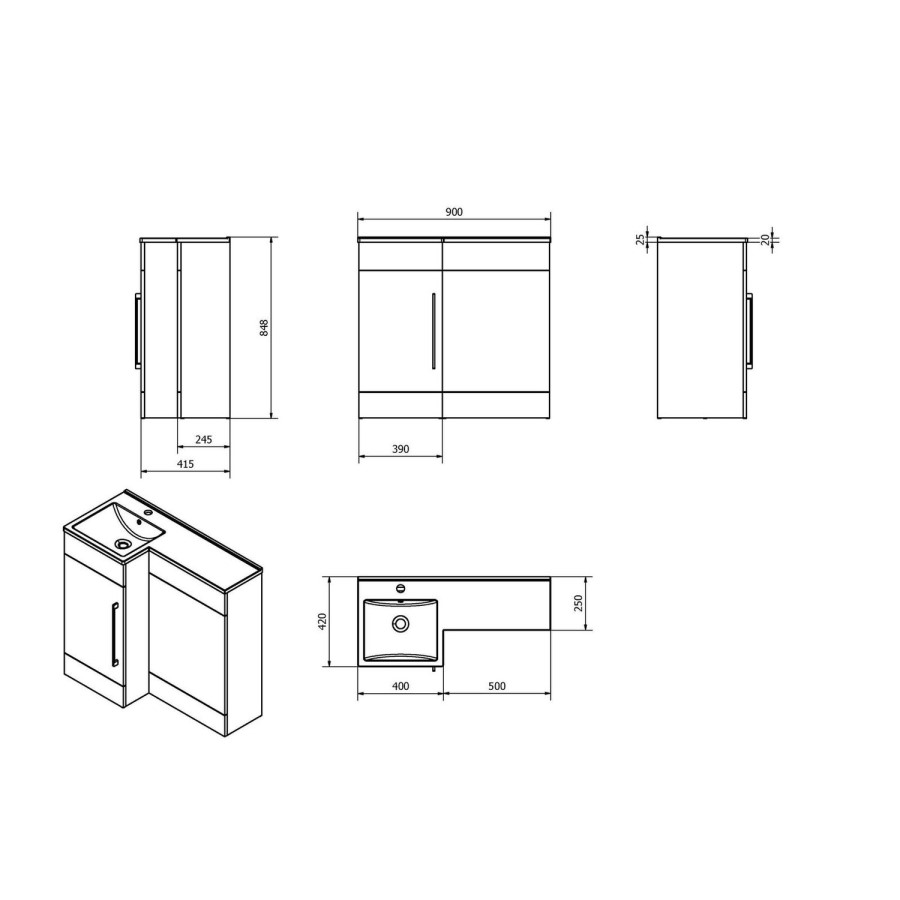 White L-Shaped Thin Edge Basin & WC Unit Right Hand - W900 x H860mm