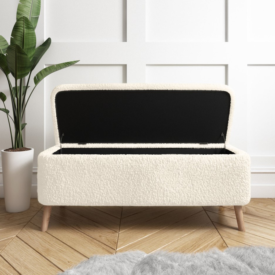 Leo Faux Sheepskin Storage Bench in Cream with Natural