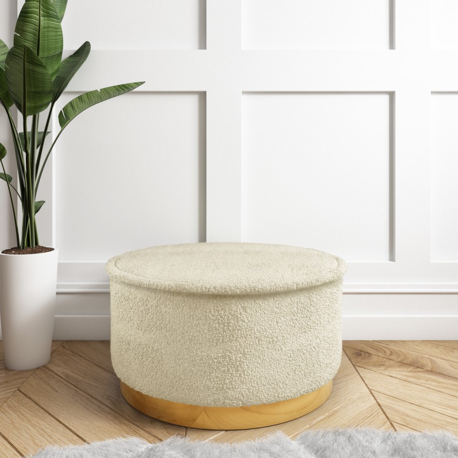 GRADE A1 - Leo Large Round Faux Sheepskin Pouffe in Cream Fabric