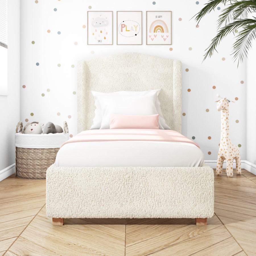 GRADE A1 - Cream Wing Back Single Bed Frame in Faux Sheepskin Teddy Fabric - Leo