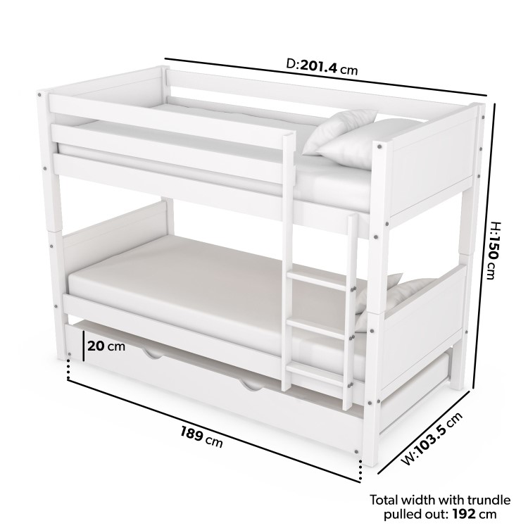 White Wooden Detachable Bunk Bed with Trundle - Luca