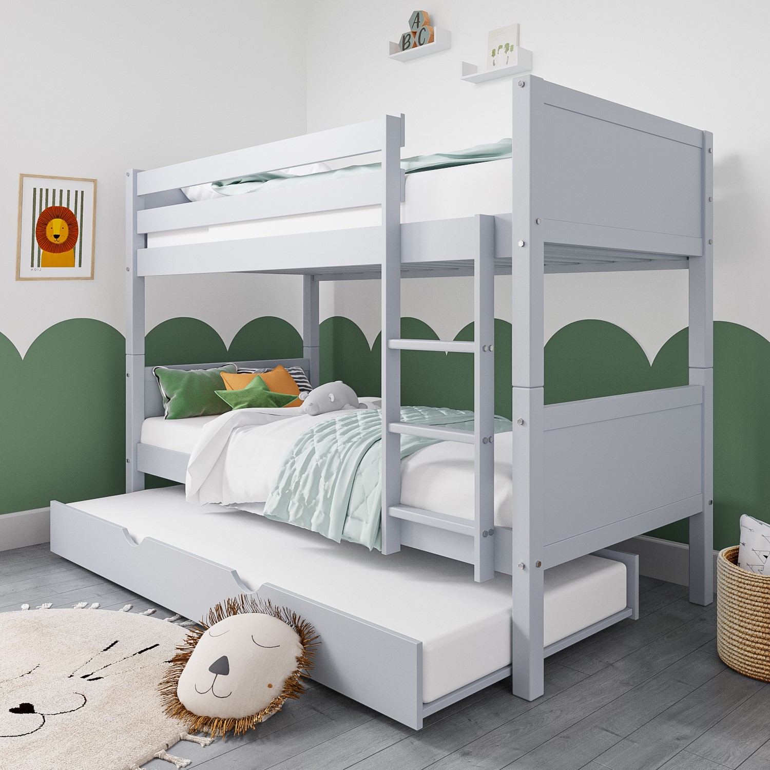 Light Grey Wooden Bunk Bed With Trundle, Triple Bunk Bed Pull Out