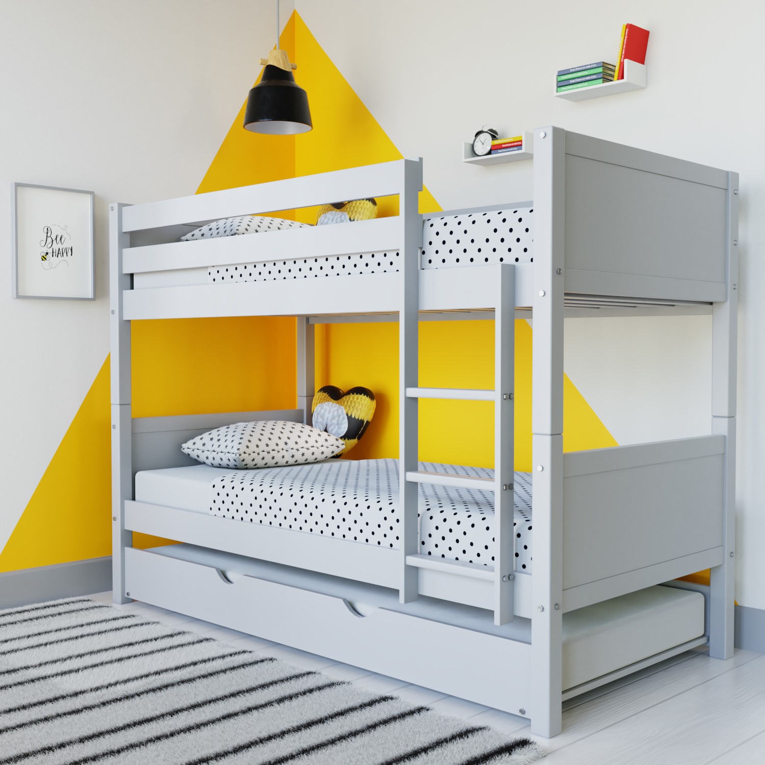 Light Grey Wooden Bunk Bed With Trundle, Yellow Bunk Bed