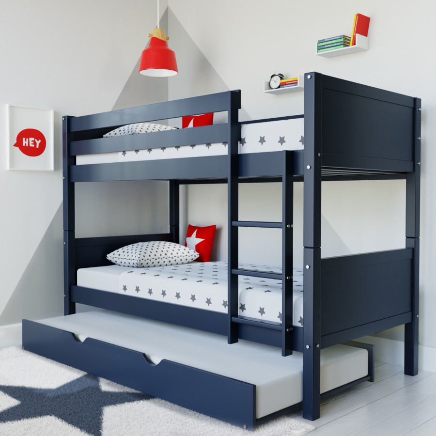 GRADE A1 - Navy Blue Wooden Detachable Bunk Bed with Trundle - Luca