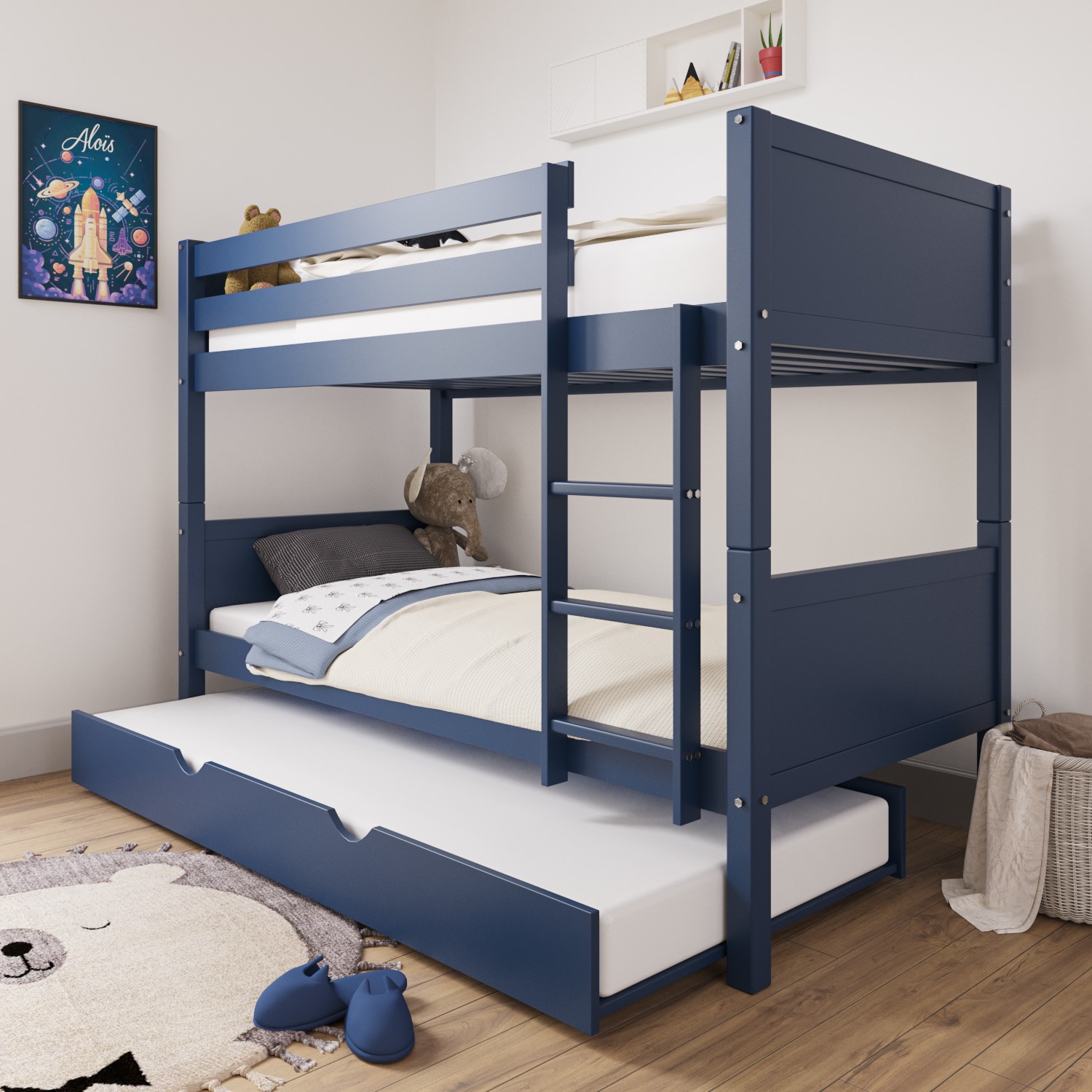 Navy Blue Wooden Bunk Bed With Trundle, Bunk Beds No Credit Check